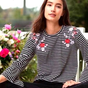Loft Striped Floral Embroidered Top